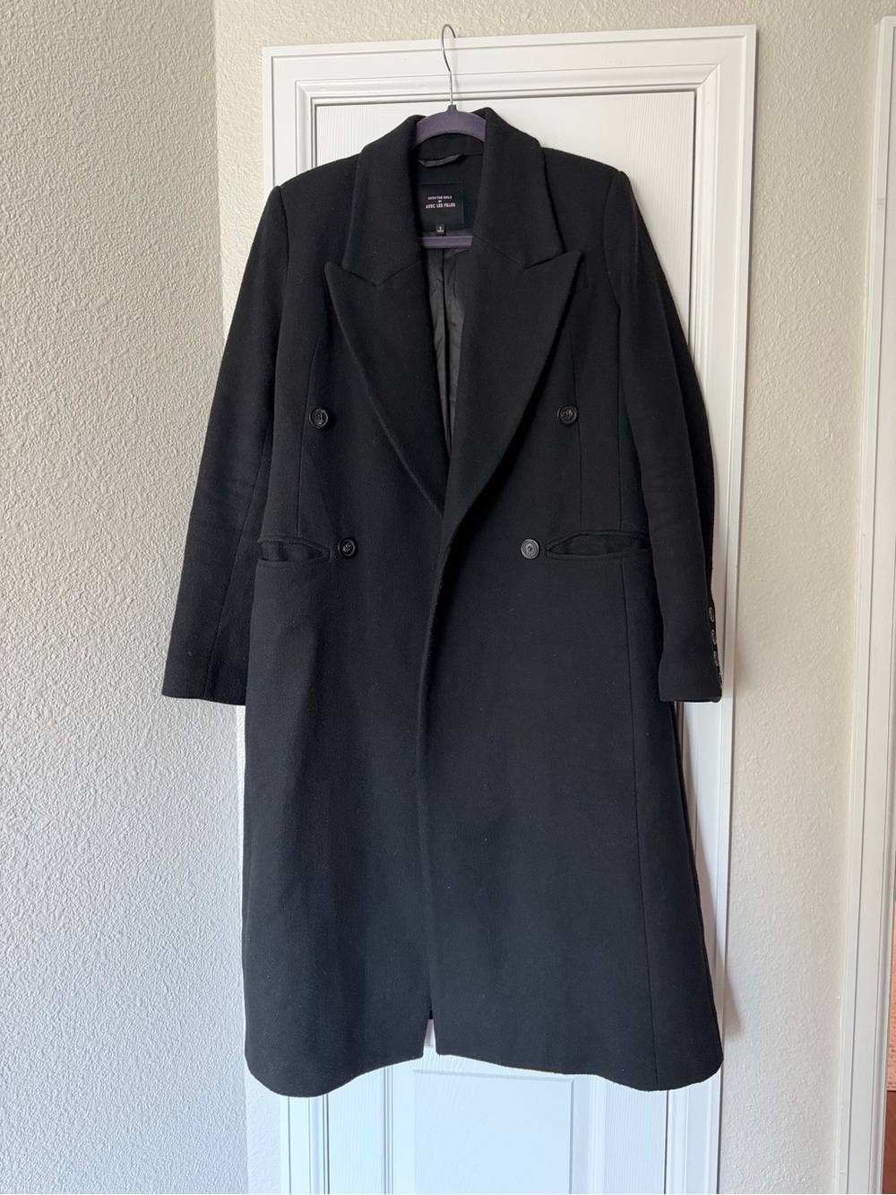 Wool Blend Black Double-Breasted Long Coat